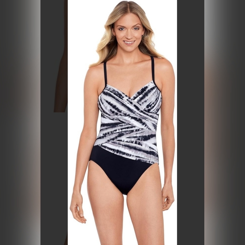 Shape Solver By Penbrooke  Black and White Tummy Control One Piece Swimsuit